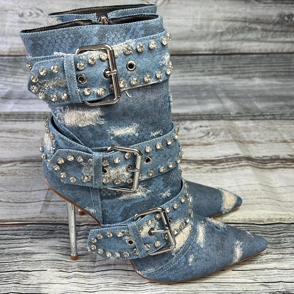 OMINE Women’s Distressed Jean Boots with Buckles, Rhinestone’s and Zipper Size 9 - Picture 5 of 9